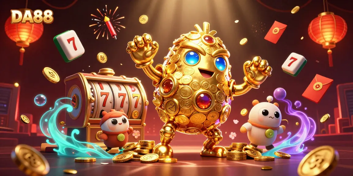 Engage with DA88's thrilling slot symbols and joyful casino atmosphere in this vibrant illustration.