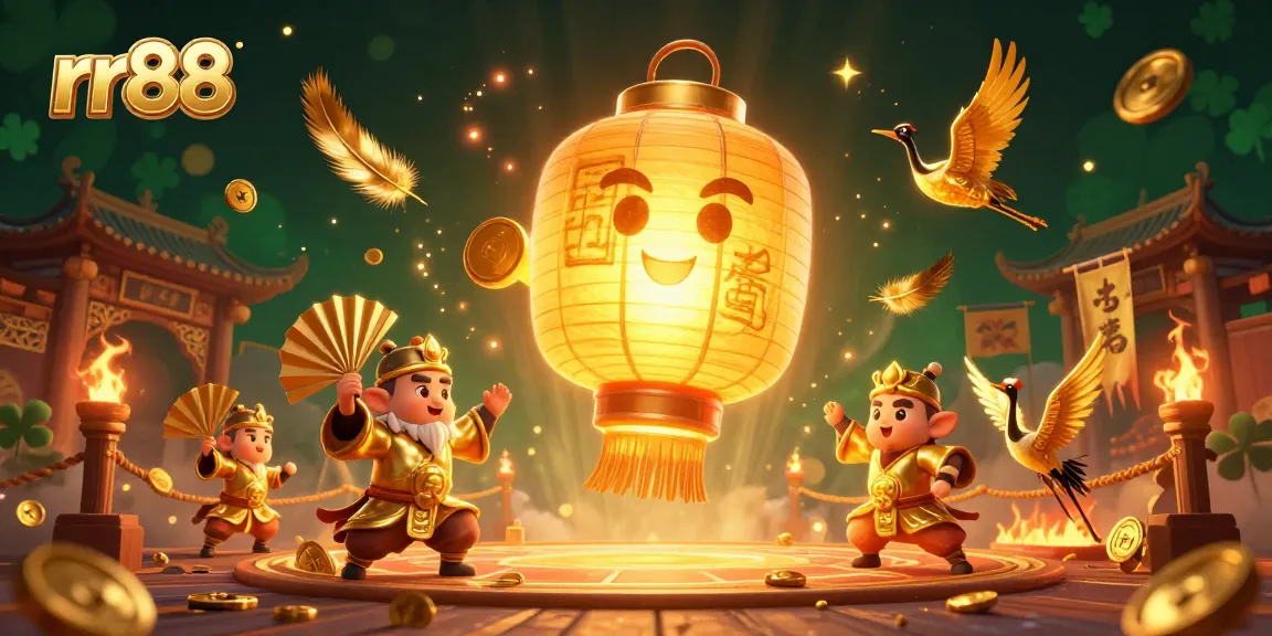 Engage with the vibrant rr88 casino experience, surrounded by golden lantern spirits and dynamic game elements.
