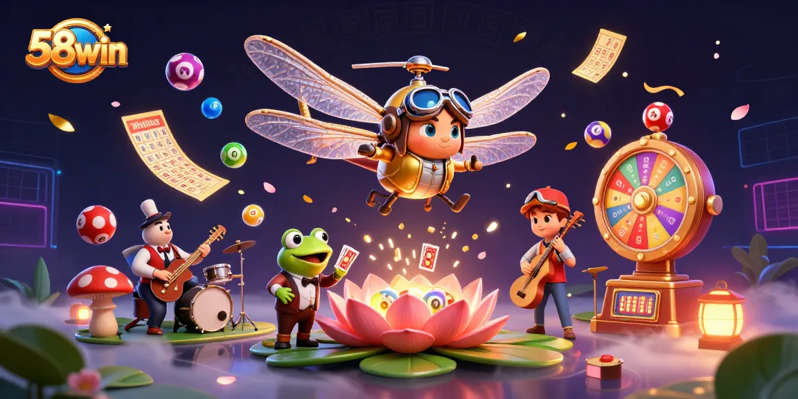 Engage with 58win's dynamic gaming scene featuring vibrant lottery elements and characters in action.