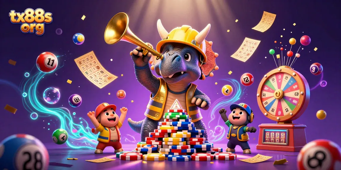 Experience excitement with tx88s org as the triceratops builds a poker chip pyramid amidst a vibrant casino scene.
