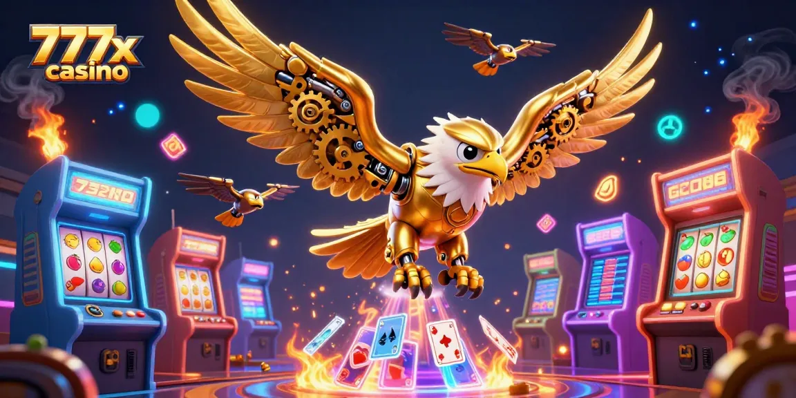 Experience the thrill of 777x casino with cybernetic eagle diving through holographic cards.