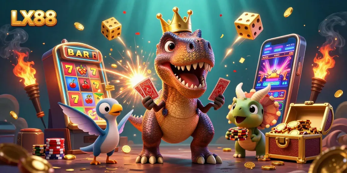 LX88 T-Rex shuffling cards with friends amidst a vibrant casino scene featuring explosive jackpots and golden chips.