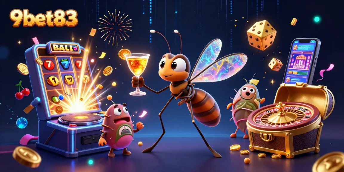 Experience excitement at 9bet83 with thrilling casino games and colorful characters in a vibrant illustration.