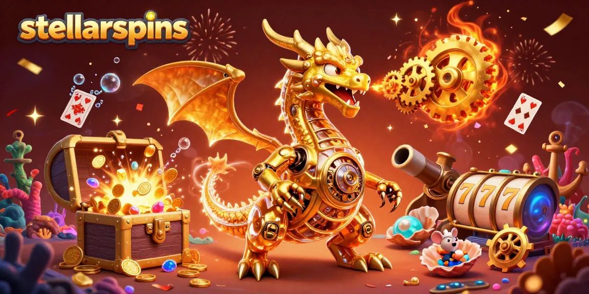 Engage with the stellarspins experience through vibrant 3D casino visuals of a golden dragon and treasures.