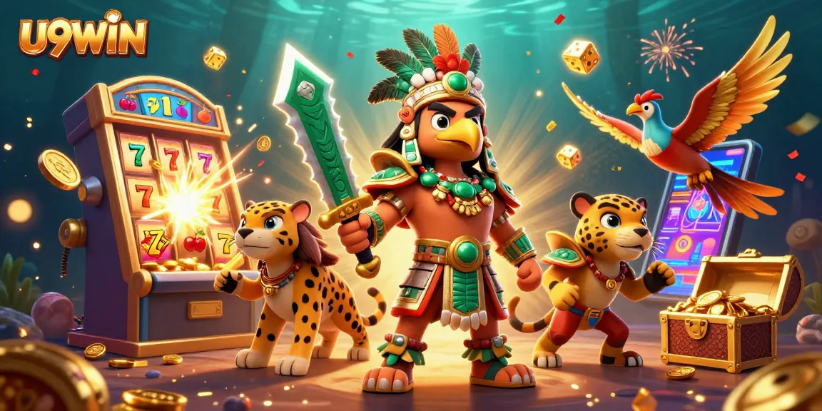Engage with U9WIN's thrilling casino action through vibrant 3D illustration of dynamic gaming scenes.