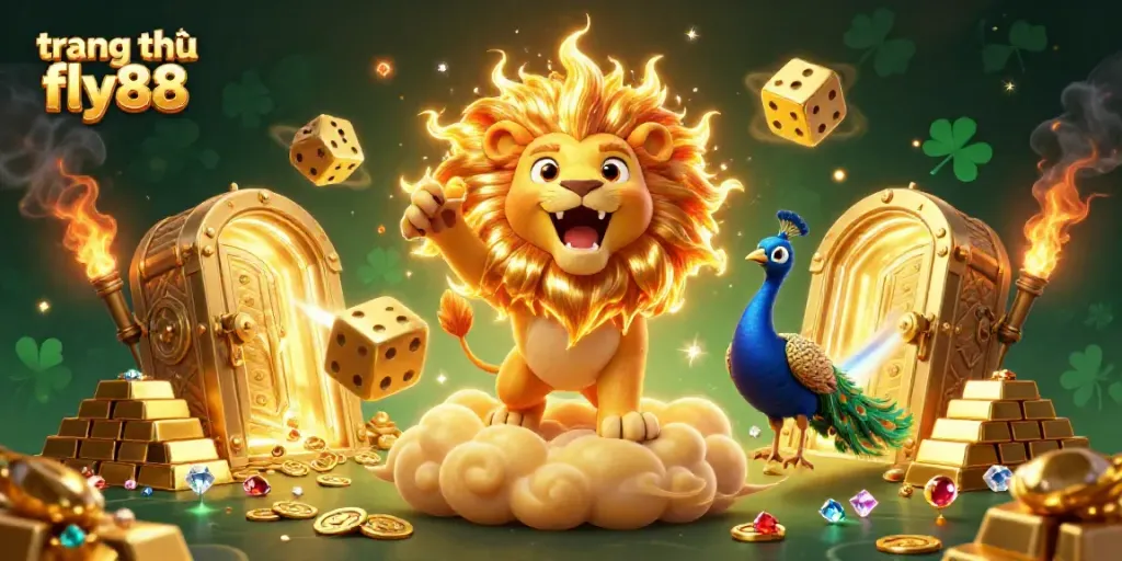 Play games at trang chủ fly88, surrounded by a roaring lion and golden treasures.