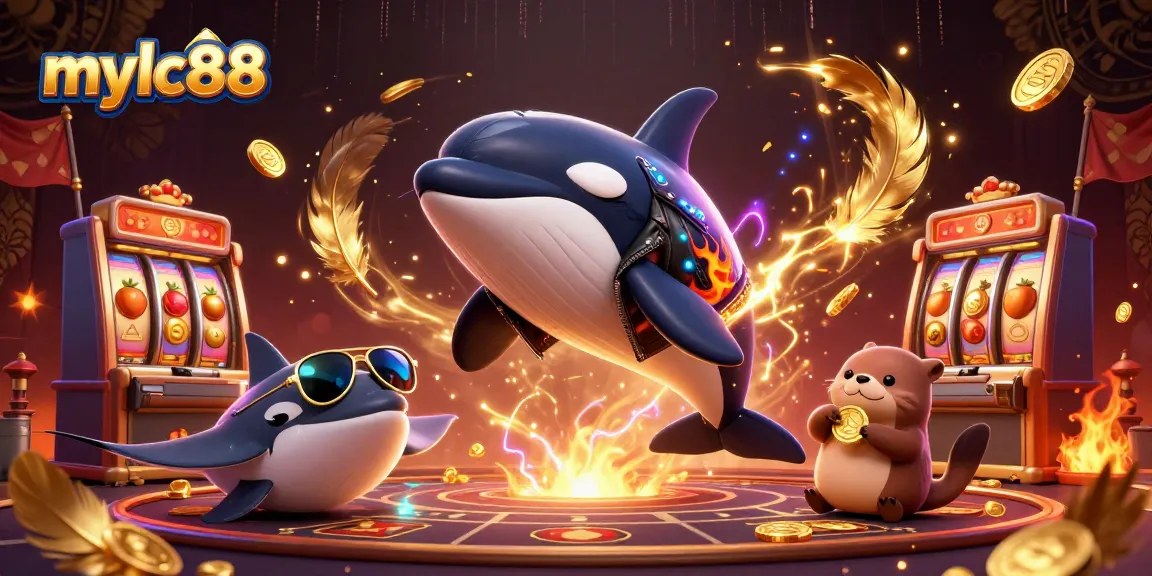 Engage with mylc88's thrilling casino experience with vibrant characters jumping amidst golden coins.