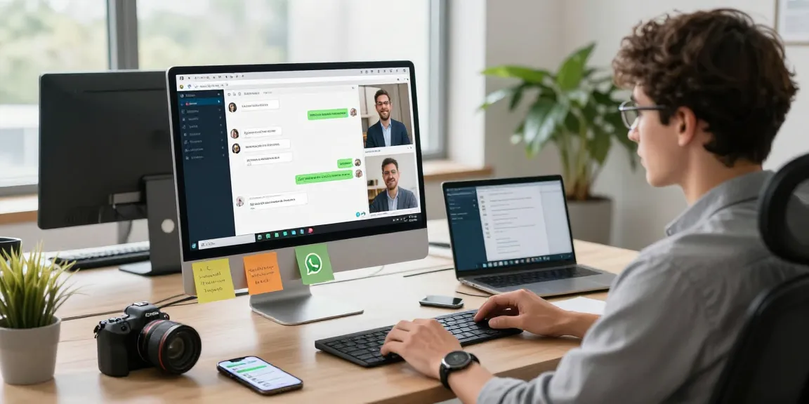 Engaged user utilizing WhatsApp電腦版 in a modern office workspace with vibrant chat interface and tech setup.