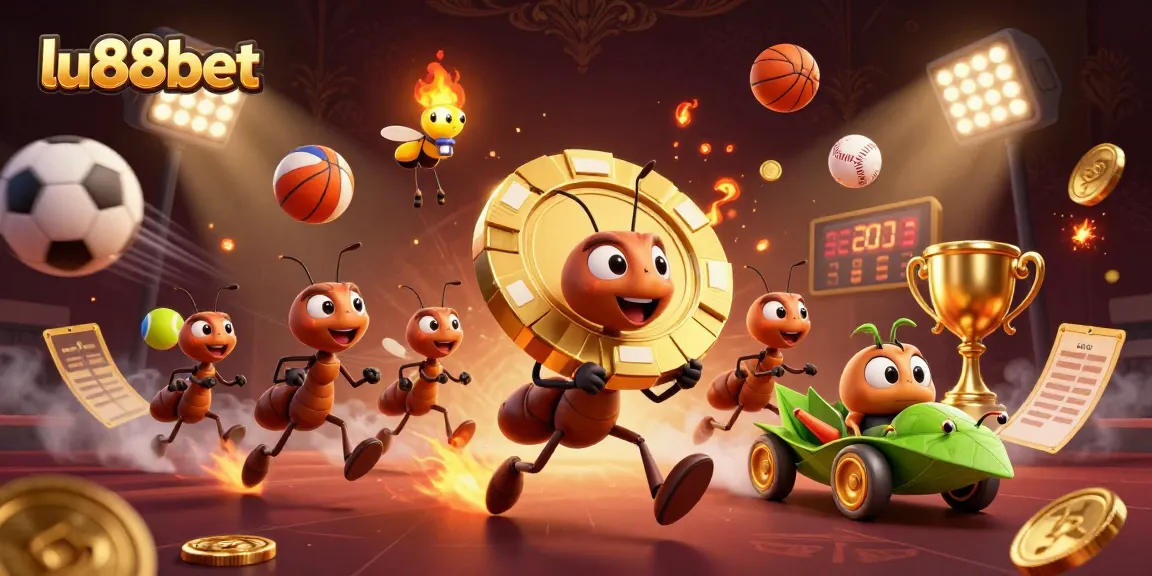 lu88bet showcases a daring heist scene with ants and golden poker chips, symbolizing exciting gambling action