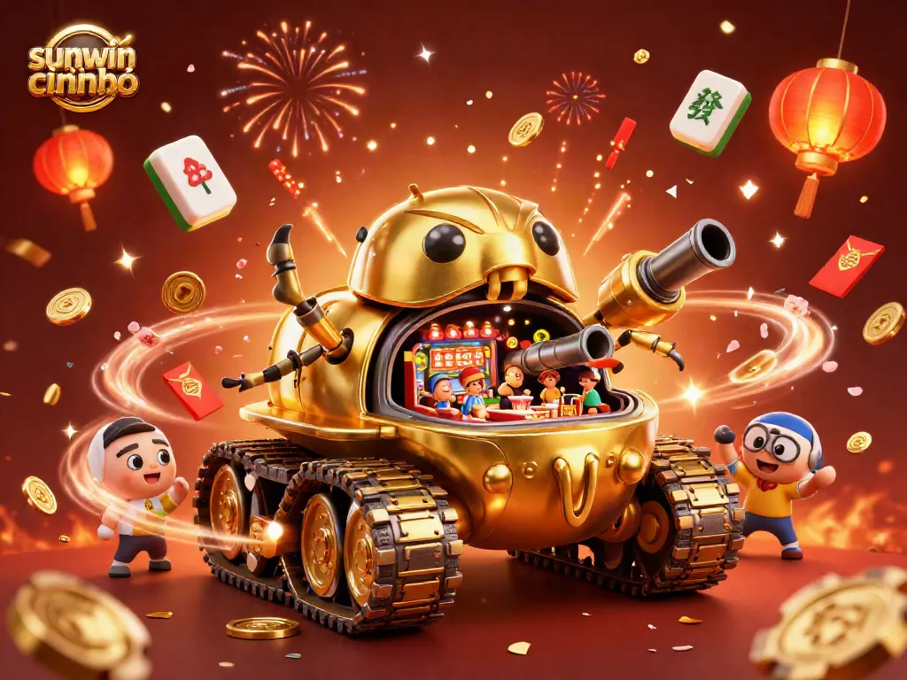 Experience the excitement of sunwin chính chủ with a dynamic casino scene featuring a golden beetle tank and festive decorations.