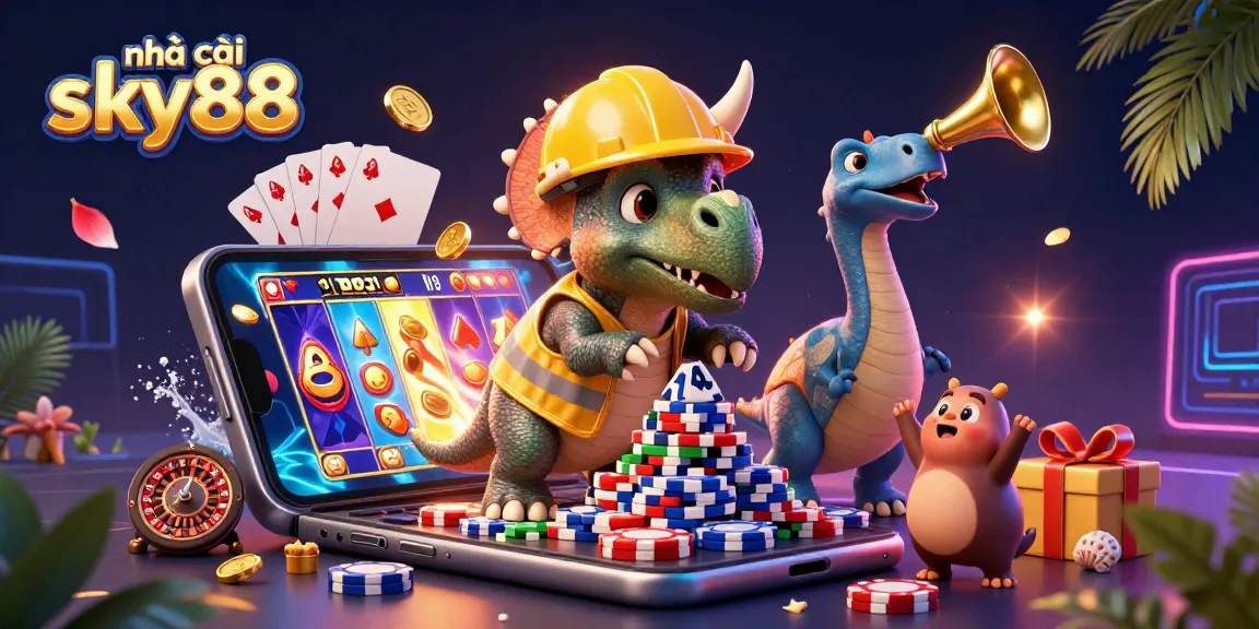 Engage with nhà cái sky88 through a vibrant 3D casino scene depicting fun gaming elements.
