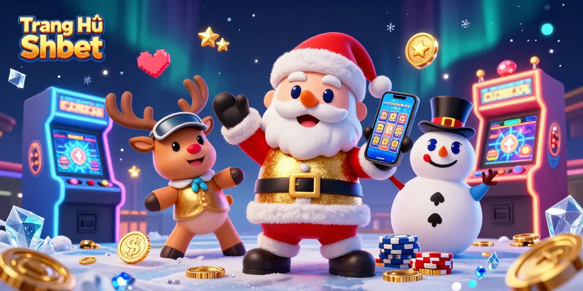 Experience thrilling wins at Trang Chủ Shbet, where Santa Claus holds jackpot slots on his smartphone in a vibrant casino setting.