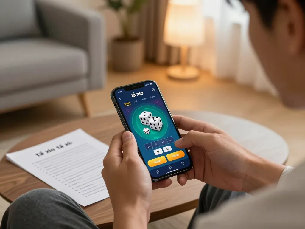 Engaged player enjoying app tài xỉu online uy tín on smartphone in a cozy home setting