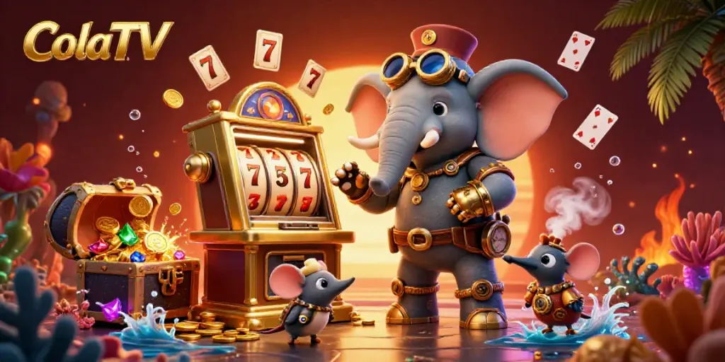 Engage with ColaTV's exciting slot machine experience featuring a steampunk elephant engineer and dynamic casino elements.