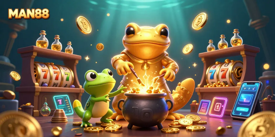 MAN88 embraces the thrill of online gaming with golden alchemy and shimmering coins.
