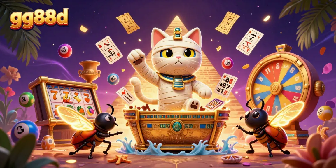 Spin and win with gg88d in an exciting, colorful casino scene featuring a mummy cat and golden elements.