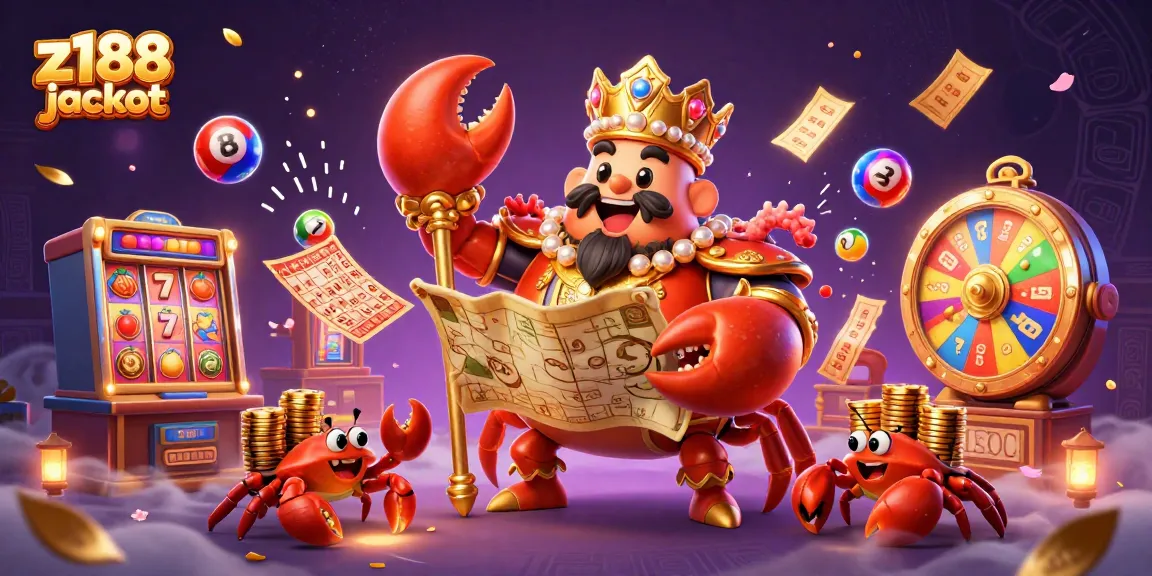Experience the z188 jackpot excitement with colorful slot machines and a golden crab emperor in this vibrant illustration.