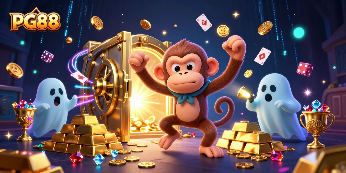 Experience PG88 with a playful poltergeist monkey and ghost-hunter puppy in a vibrant casino scene.