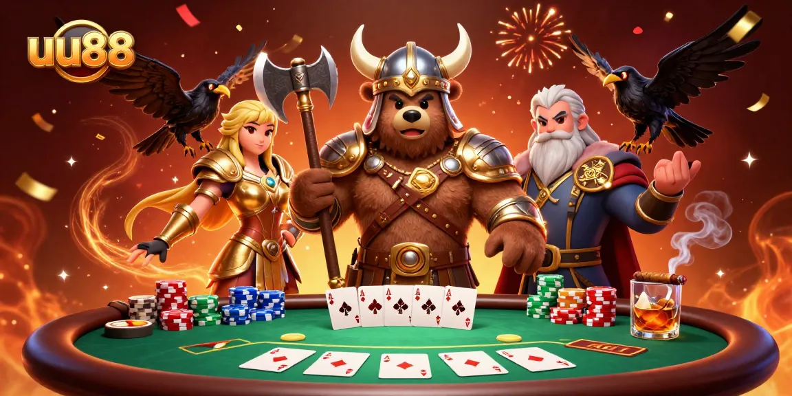 Experience thrilling gameplay at uu88 with a Viking berserker and Valkyrie at a poker table.