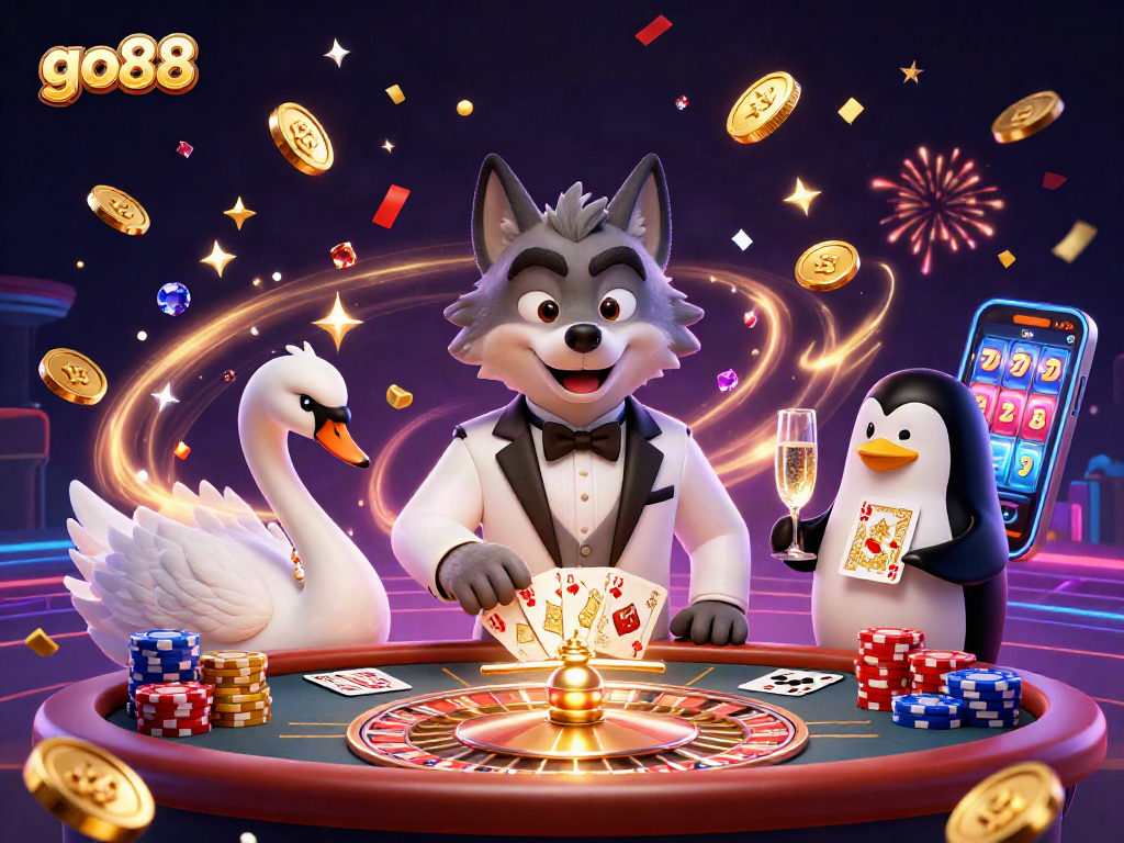 Win big with go88 as the debonair wolf bets at a baccarat table, surrounded by exciting casino elements.