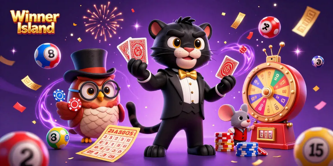 Winner Island casino illustration with a panther dealer, owl holding poker chips, and mouse amidst colorful gaming elements.