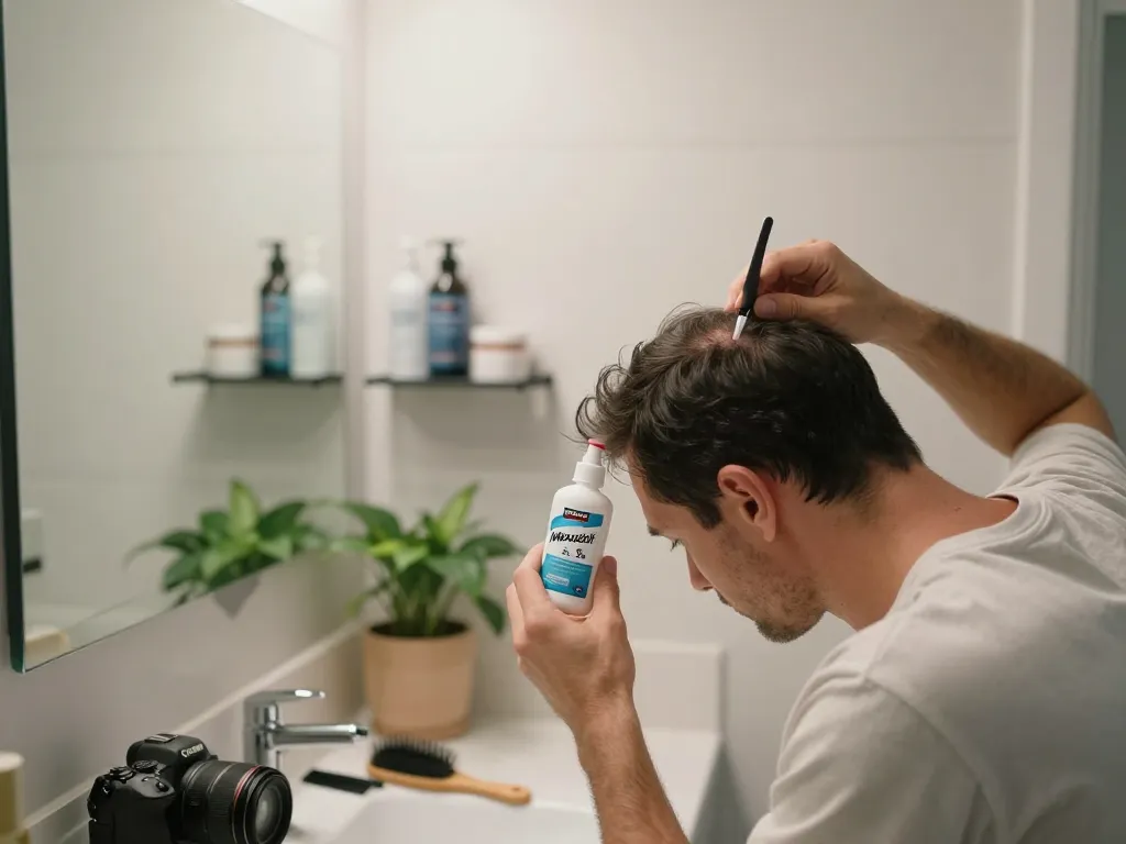 Kirkland Minoxidil UK application scene in modern bathroom