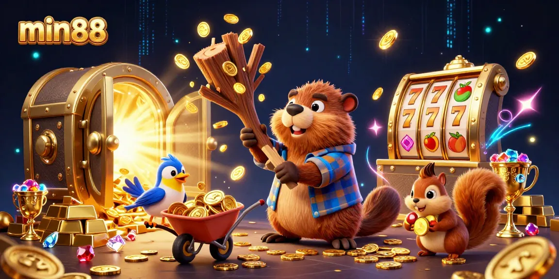 Join the excitement with min88 as the beaver collects coins in a vibrant casino world!