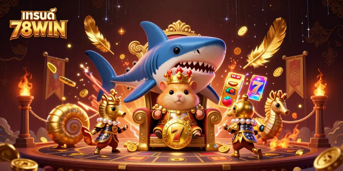 Experience fun gaming action with แบรนด์ 78WIN featuring exciting slot reels and vibrant characters in a lively casino scene.