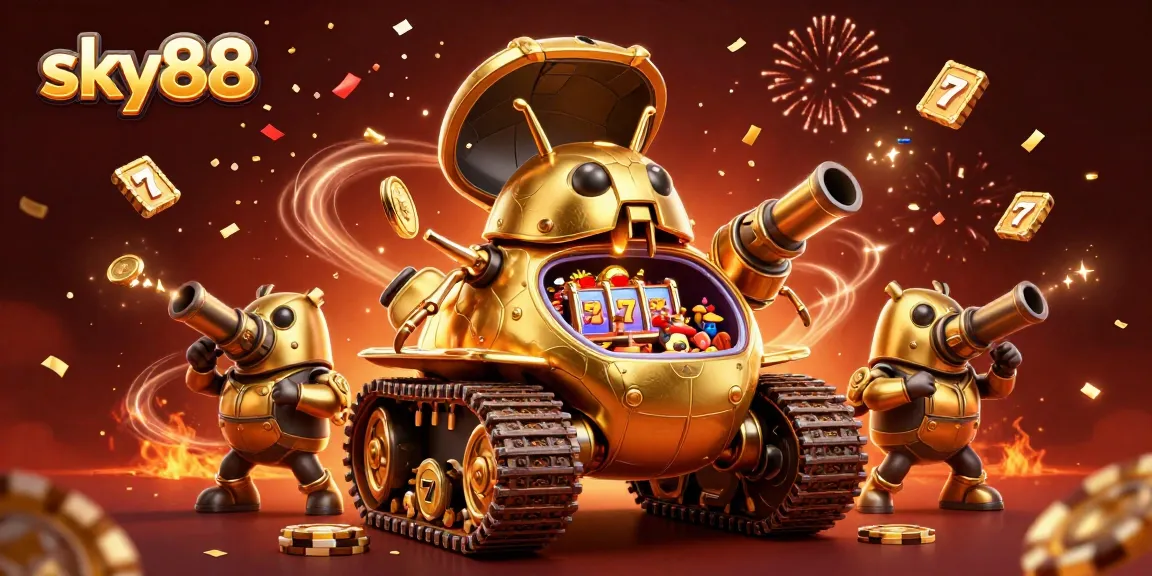 Experience thrilling gameplay at sky88 with a vibrant 3D casino illustration showcasing slot machines and festive elements.