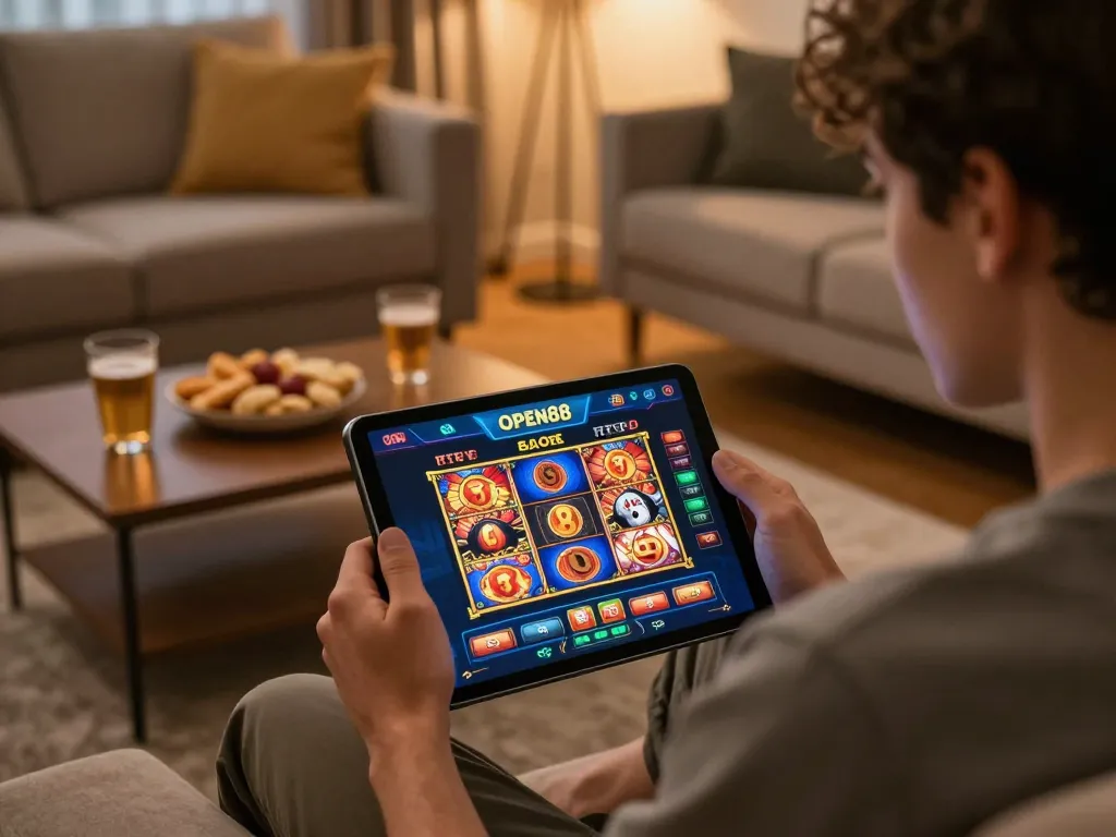 Engaging gameplay on the open88 casino app with vibrant slot game options displayed on a tablet in a cozy home setting.