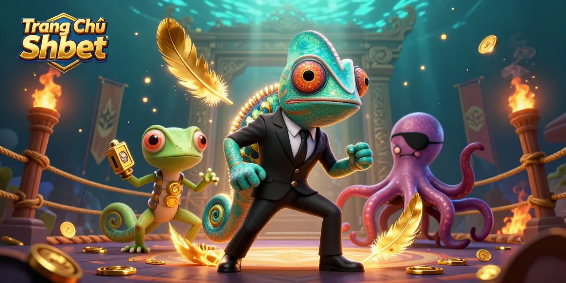 Experience thrilling action at Trang Chủ Shbet with a vibrant 3D casino scene featuring a chameleon, gecko, and octopus.