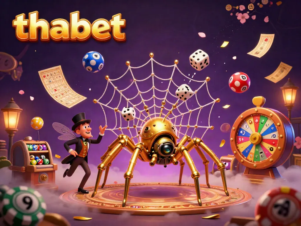 Experience thabet's thrilling gaming world with a unique steampunk spider and vibrant lottery elements.