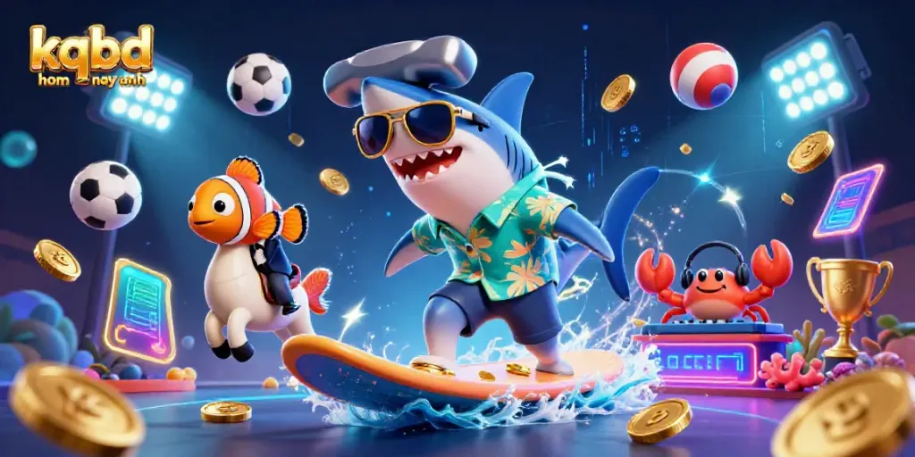 Engaging scene featuring vibrant kqbd hom nay anh with a shark surfing golden coins amidst dynamic sports elements and neon effects.