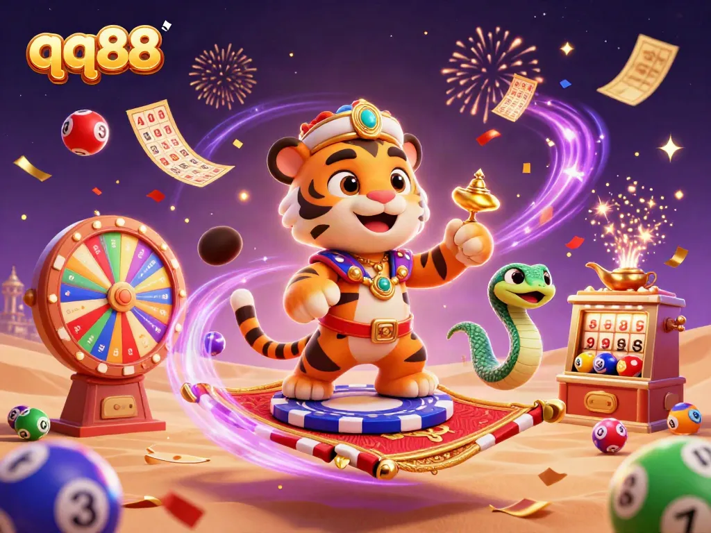 Experience the excitement of qq88 with a vibrant 3D casino scene featuring a sultan and dynamic game elements.