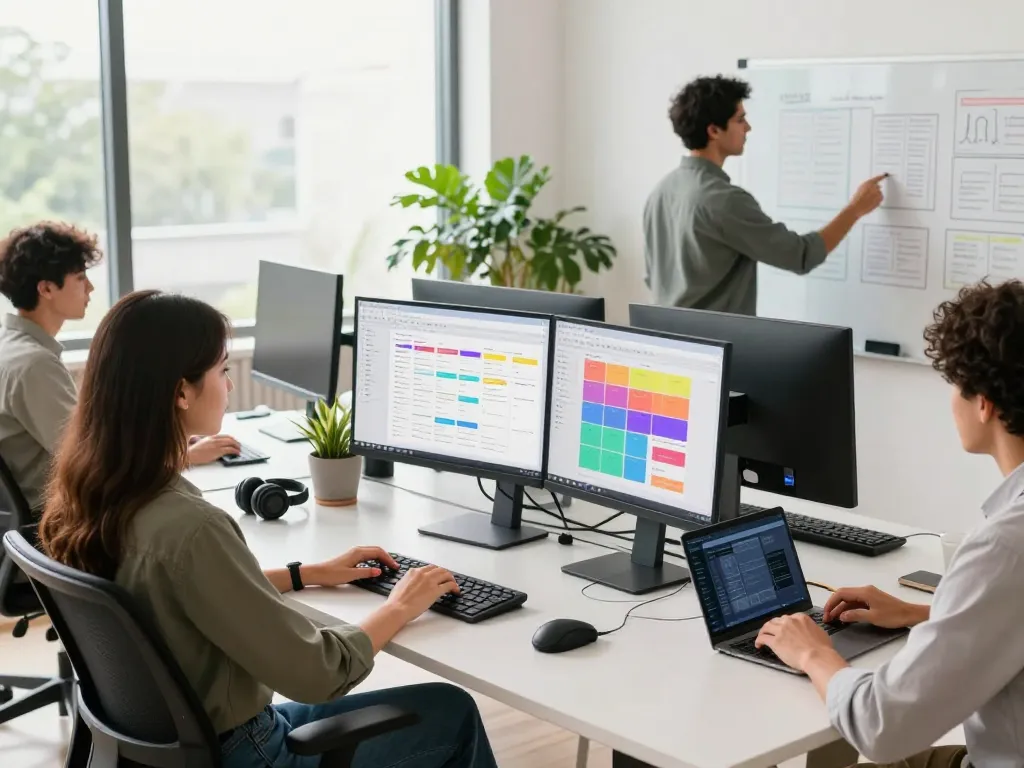 Tech gadgets for productivity in a collaborative office workspace enhancing teamwork and innovation.