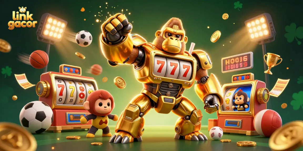 Engage with exciting link gacor themes featuring a dynamic golden gorilla mech and flying slot elements.