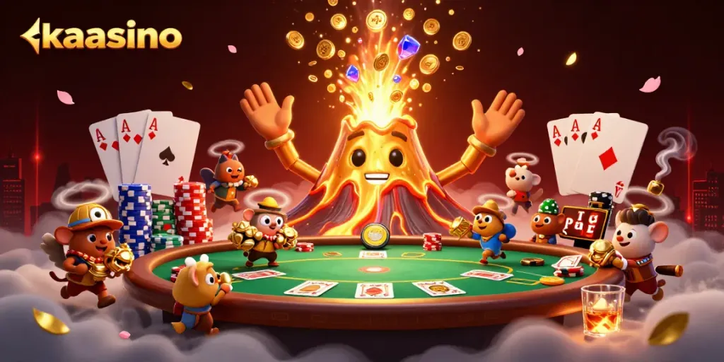 Kaasino features a golden volcano erupting treasures as animals flee, surrounded by dynamic poker elements.