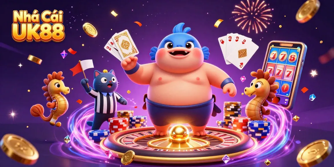 Experience the excitement of Nhà Cái UK88 with a vibrant underwater casino scene featuring a blowfish and catfish.