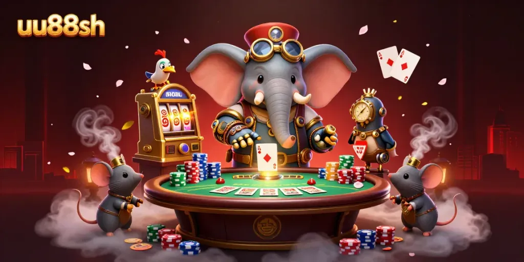 uu88sh showcases thrilling casino action with a steampunk elephant at a slot machine amidst poker elements.
