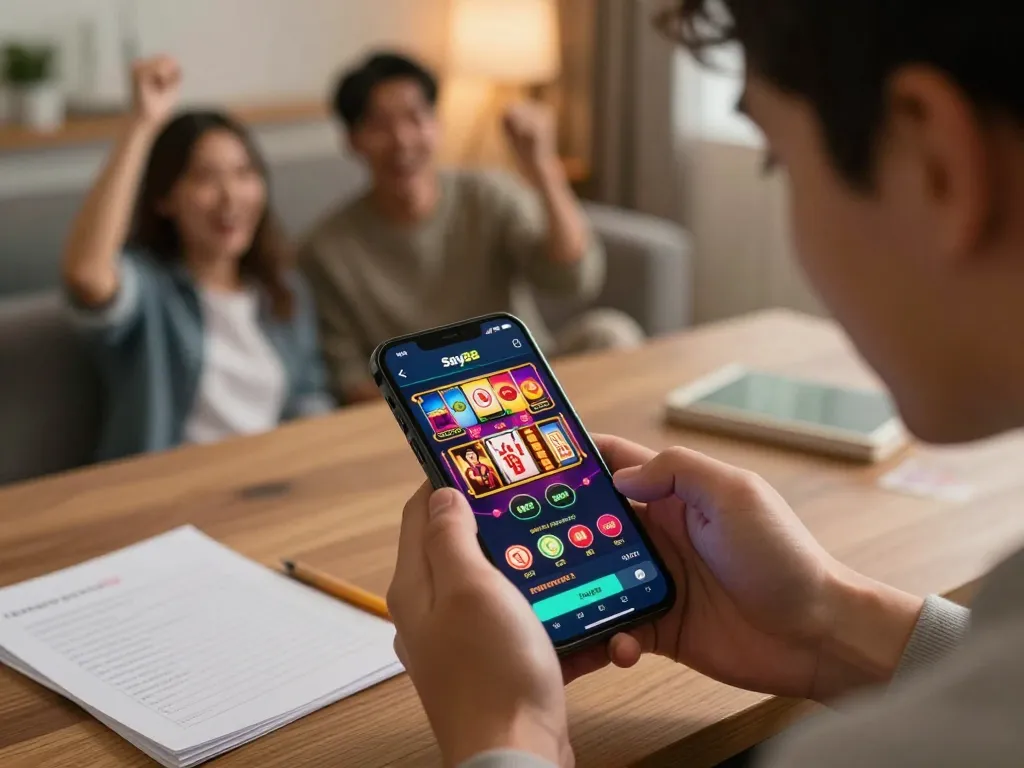 Engaging moment using the App Say88 for online poker and slots, showcasing strategic gameplay.