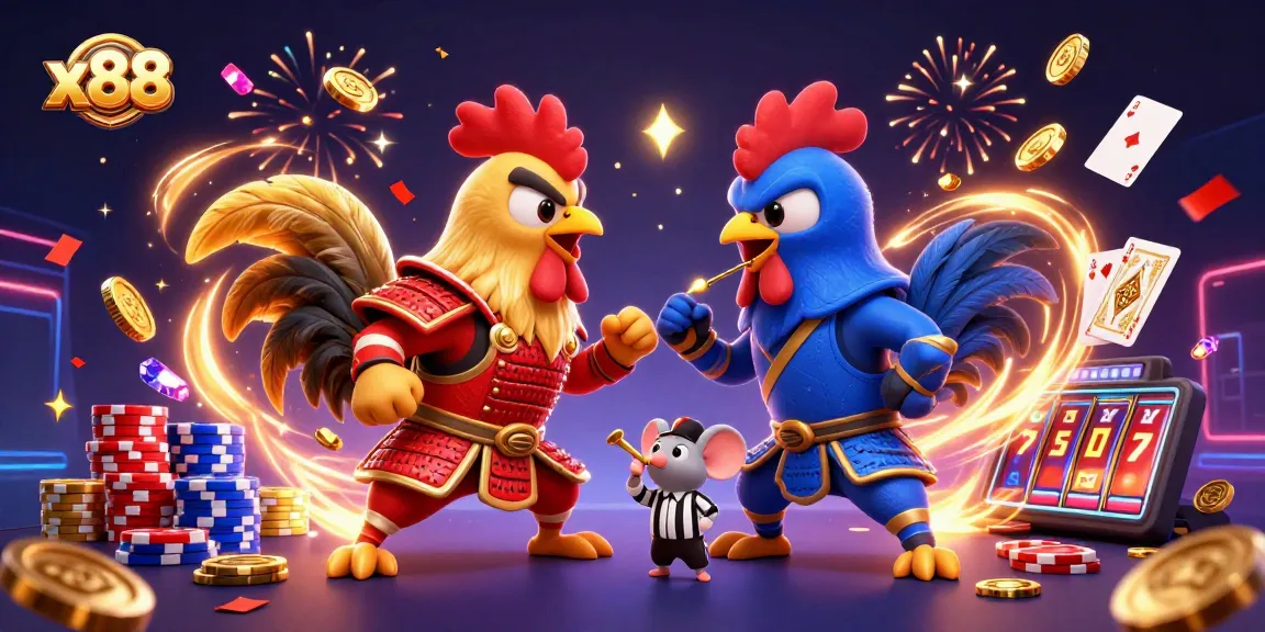 x88 roosters face off in an energetic casino battle, showcasing action-packed gambling elements.