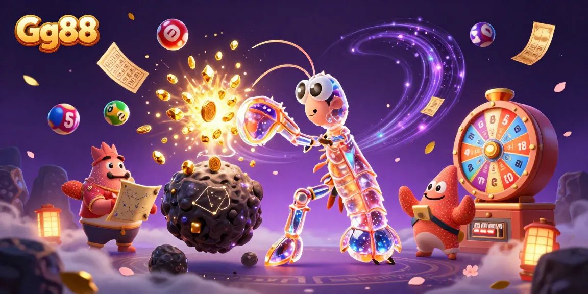 Experience the thrill of Gg88 with a galactic mantis shrimp and colorful lottery elements dazzling in 3D.