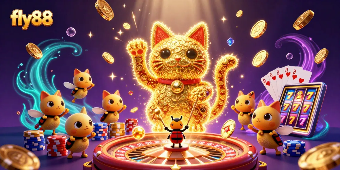 Experience the thrill of fly88 with golden fireflies, casino symbols, and exciting games.
