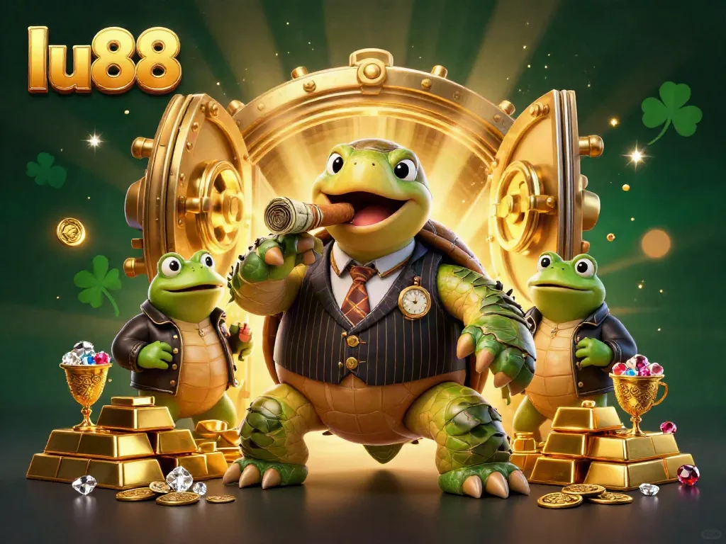 Experience thrilling gambling at lu88 with a vivid casino scene featuring a snapping turtle mobster and bullfrog enforcers.