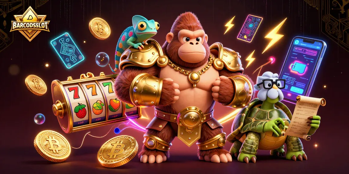 Engage with BARCODESLOT's vibrant 3D casino scene featuring iconic slot symbols and cryptocurrency elements.