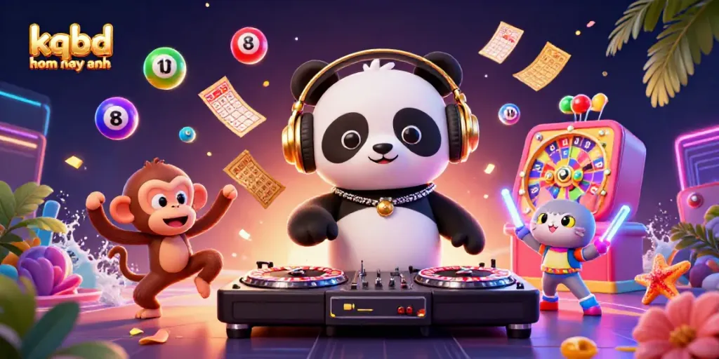 Engaging scene of kqbd hom nay anh featuring a DJ panda spinning roulette wheels, with vibrant lottery elements.