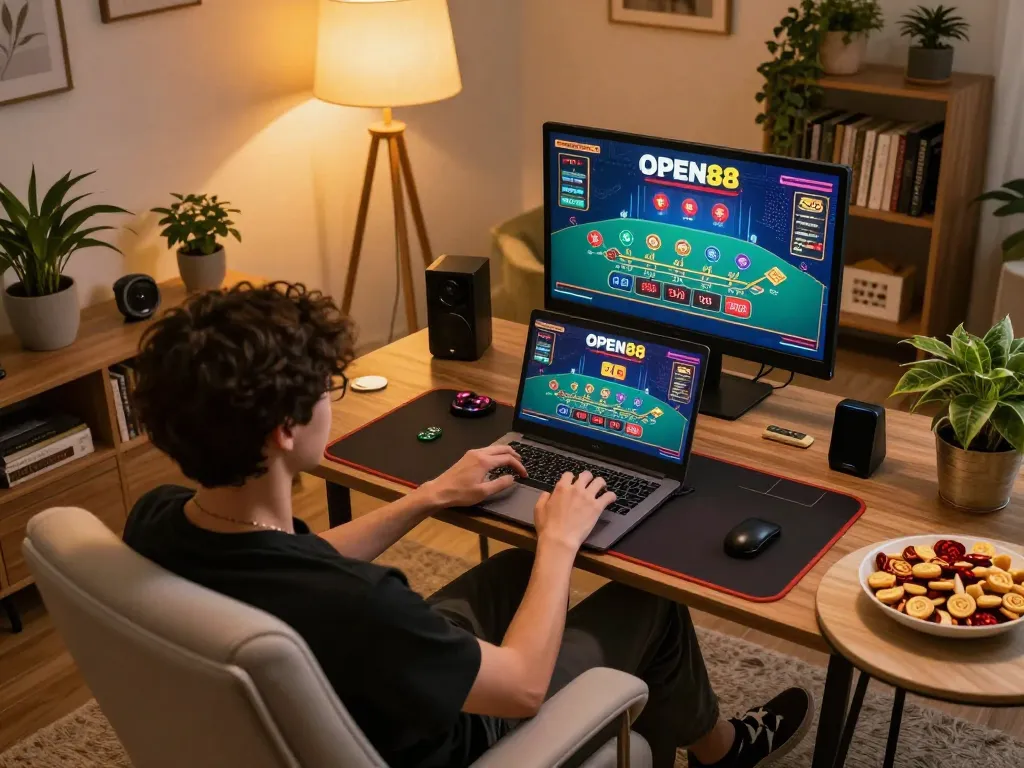 Engaging in an exciting live dealer blackjack game on OPEN88 from a cozy home setup
