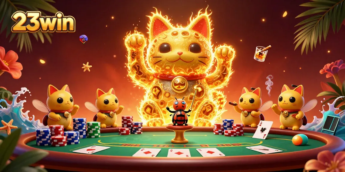 Experience remarkable gameplay with 23win’s engaging lucky cat illustration surrounded by casino elements.