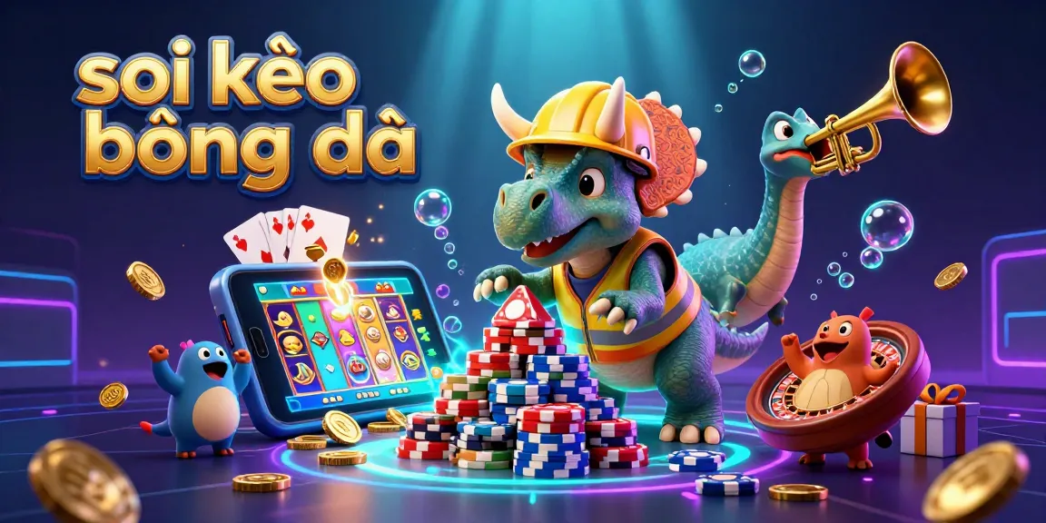 Soi kèo bóng đá scene with a triceratops building poker chip pyramid, gamified elements, and vibrant casino vibes.