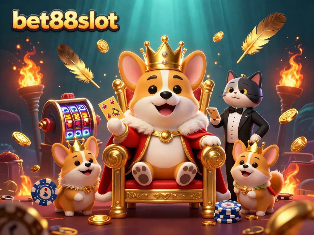 Experience the excitement of bet88slot with a royal corgi and gaming elements in a luxurious casino setting.